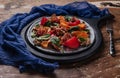close-up view of fresh gourmet salad with mussels, vegetables and jamon Royalty Free Stock Photo