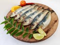Close up view of Fresh Indian oil sardine on a wooden pad,Decorated with herbs and Vegetables. Royalty Free Stock Photo