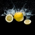 close up view of fresh lemon pieces in water with splashes