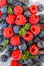 Close up view of fresh ripe mixed raspberries and blueberries. Summer berries background Royalty Free Stock Photo