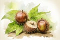 Close-up View of Fresh and Sweet Edible Chestnuts, Husked and Skins Intact. Watretcolour Drawing