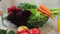 Close up view of fresh vegetables and seasoning on the kitchen table. Healthy food concept. Organic nutrition Royalty Free Stock Photo