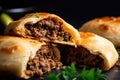 close-up view of a freshly baked bourekas filled with spiced ground beef and aromatic herbs, with a crispy exterior