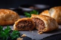 close-up view of a freshly baked bourekas filled with spiced ground beef and aromatic herbs, with a crispy exterior