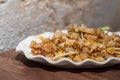 Close-up view of the fried carrot cake with egg, sprout and onion Royalty Free Stock Photo
