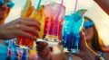 Close-up of friends sharing a toast with colorful drinks at a summer festival, celebrating togetherness and the festive atmosphere