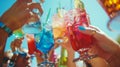 Close-up of friends sharing a toast with colorful drinks at a summer festival, celebrating togetherness and the festive atmosphere