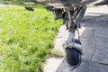 Close-up view of front air plane landing gear. Aircraft tyre wear and replacement.Maintenace and service Royalty Free Stock Photo