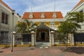 Close up view of front entrance of Academy Hotel Curacao. Tourism concept. Willemstad.