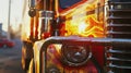 A close-up view of the front of a fire truck. This image can be used to represent emergency services or firefighting. Royalty Free Stock Photo