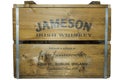 Close up view of front of irish whiskey wooden box. Alcohol background