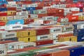 Close up view on full of colorful stacked containers in the port of Kwangyang , South Korea in ship port terminal.