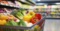 A Close-Up View of a Fully Loaded Shopping Cart in a Grocery Store Royalty Free Stock Photo