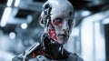 Futuristic android with exposed mechanical details in a high-tech lab
