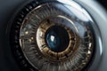 Close-up view of futuristic bionic artificial eye