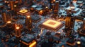Abstract Futuristic Microchip Cityscape with Glowing Orange Lights and Circuit Board Royalty Free Stock Photo