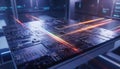 Close up view of a futuristic computer circuit board with glowing light trails and complex microchip components Royalty Free Stock Photo