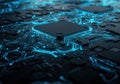Close up view of a futuristic computer processor with glowing blue circuitry and intricate pathways Royalty Free Stock Photo