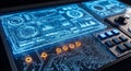 Futuristic Digital Interface with Glowing Blue Graphs and Circuit Board Patterns technology Royalty Free Stock Photo