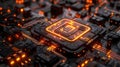 Central Processing Unit with Orange Glowing Circuit Lines, High Tech Component, Futuristic Motherboa Royalty Free Stock Photo