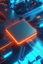 Futuristic microchip on a glowing circuit board with vibrant blue and orange lights
