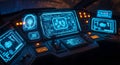 Futuristic Sci- Fi Spaceship Cockpit with Glowing Blue Digital Displays and Controls sci-fi control panel Royalty Free Stock Photo