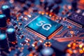 A close-up view of 5G computer chip illuminated on a circuit board. Generative AI.