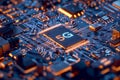 A close-up view of 5G computer chip illuminated on a circuit board. Generative AI.