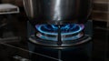 Gas stove cooking food in the metal pot at the kitchen with blue fire flame Royalty Free Stock Photo