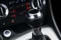 Close up view of a gear lever shift. Manual gearbox. Car interior details. Car transmission. Soft lighting. Abstract view. Car det Royalty Free Stock Photo