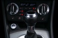 Close up view of a gear lever shift. Manual gearbox. Car interior details. Car transmission. Soft lighting. Abstract view. Car det Royalty Free Stock Photo