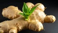 Detailed View of Ginger Root with Bright Green Sprouts and Leaves sprouting Royalty Free Stock Photo