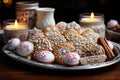 Close up view of gingerbread house cookies arranged on a vintage tray, merry christmas images, AI Generated