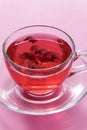 Close up view of glass cup with rose tea Royalty Free Stock Photo