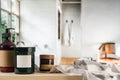 Bathroom composition with soap dispenser, jars and bath towel Royalty Free Stock Photo