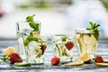 close-up view of glasses with fresh cold summer beverages Royalty Free Stock Photo