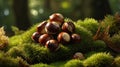 Autumn Harvest of Chestnuts on Green Mossy Forest Floor with Soft Light Royalty Free Stock Photo