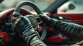 A close-up view of gloved hands gripping a sleek steering wheel, with a futuristic dashboard in the background