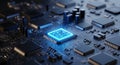 Close up view of a glowing central processing unit chip on a detailed computer motherboard circuit Royalty Free Stock Photo