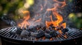 Close-up of hot orange flames and smoke rising from a charcoal barbeque grill. Generative Ai Royalty Free Stock Photo