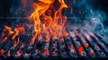 Close-up of hot orange flames and smoke rising from a charcoal barbeque grill. Generative Ai Royalty Free Stock Photo