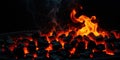 A closeup view of glowing charcoal and flames burning brightly in a fire pit or grill on a dark background Royalty Free Stock Photo