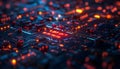 close up view of futuristic glowing electronic circuit board with illuminated microchips and digital components in dark environmen Royalty Free Stock Photo
