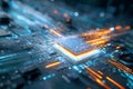 Close-up View of a Glowing Computer CPU With Illuminated Circuits and Data Streams in a Futuristic Setting Royalty Free Stock Photo