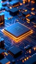Close-up view of a glowing computer processor chip on a circuit board Royalty Free Stock Photo