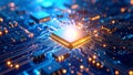 Close-up view of a glowing computer processor chip and circuit board technology Royalty Free Stock Photo