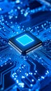Close-up view of a glowing computer processor on a circuit board, technology background. Royalty Free Stock Photo