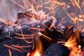 Close up view of glowing flying sparks hot fire flame Royalty Free Stock Photo