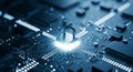Close up view of a glowing microchip circuit board highlighting advanced electronic technology components Royalty Free Stock Photo