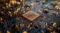 Golden Glow of Central Processing Unit on a Complex Circuit Board Close-Up Royalty Free Stock Photo